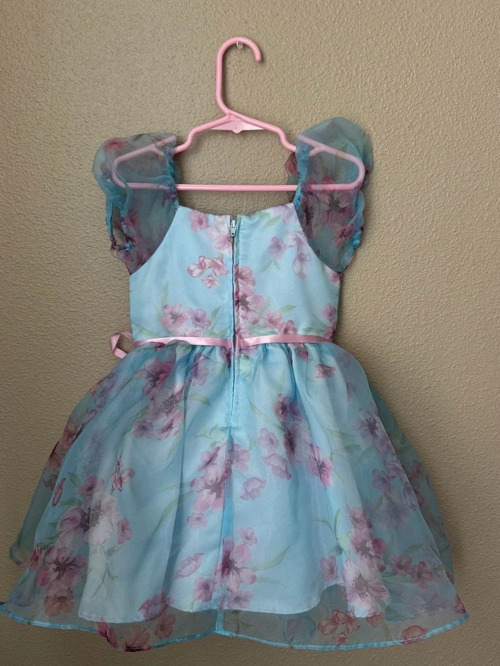 Rare Editions Blue Floral Organza Dress with Pink Accents